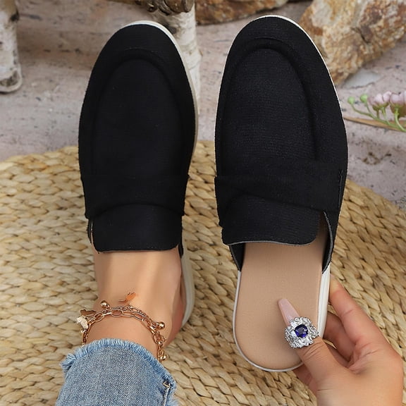 Ladies 2026 Summer Flat Shoes Ethnic Solid Color Closed Toe Backless Mules Soft Sole Lightweight Cushioned Orthopedic Arch Support Wide Toe Box Comfort Walking Daily Footwear Black 41