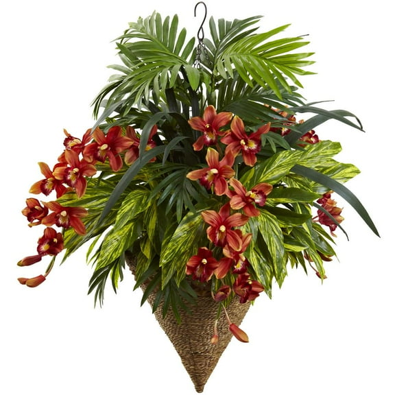 Nearly Natural Mixed Assorted Tropical and Cymbidum Hanging Basket