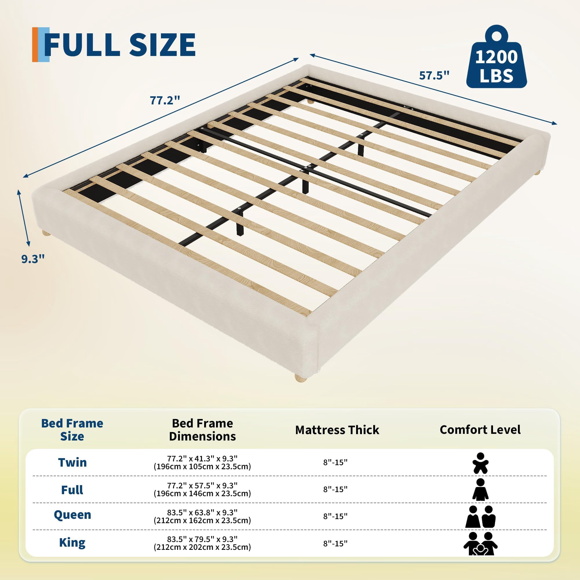 FULL Cloud Bed Frame. Teddy Fleece Upholstered Platform Bed with  Wood Legs, No Box Spring, Easy Assembly