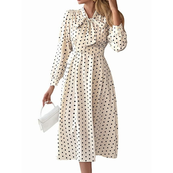 Women Polka Dots Front Tie Dress Elastic Waist Ruched Flowy Hem Long Sleeve A-Line Midi Wedding Party Dresses White L
