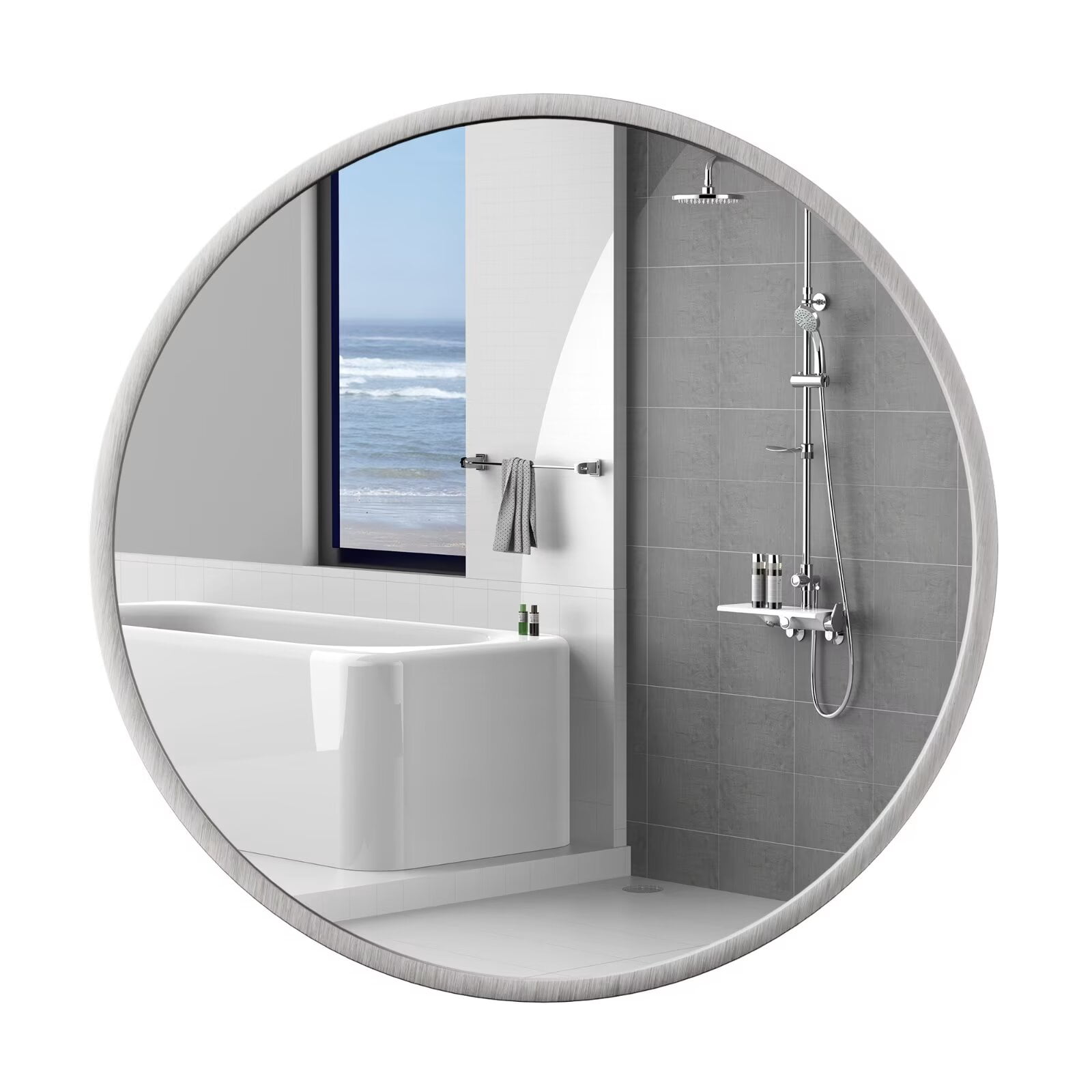 24 Inch Bathroom Mirror, Wall Mounted Round Mirror with Brushed Sliver Aluminum Frame, Modern Circle Hanging Mirror for Bathroom, Living Room