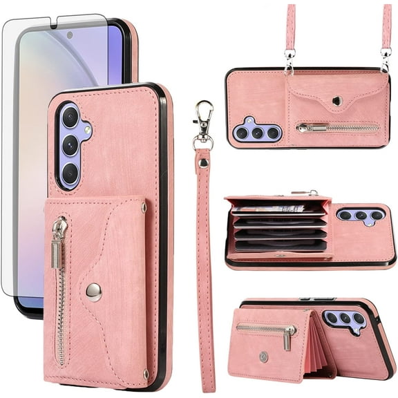 Phone Case for Samsung Galaxy A15 5G Wallet Cover and Tempered Glass Screen Protector with Wrist Crossbody Strap Lanyard Credit Card Holder Stand Leather Cell Accessories A 15 4G 15A Women Rose Gold