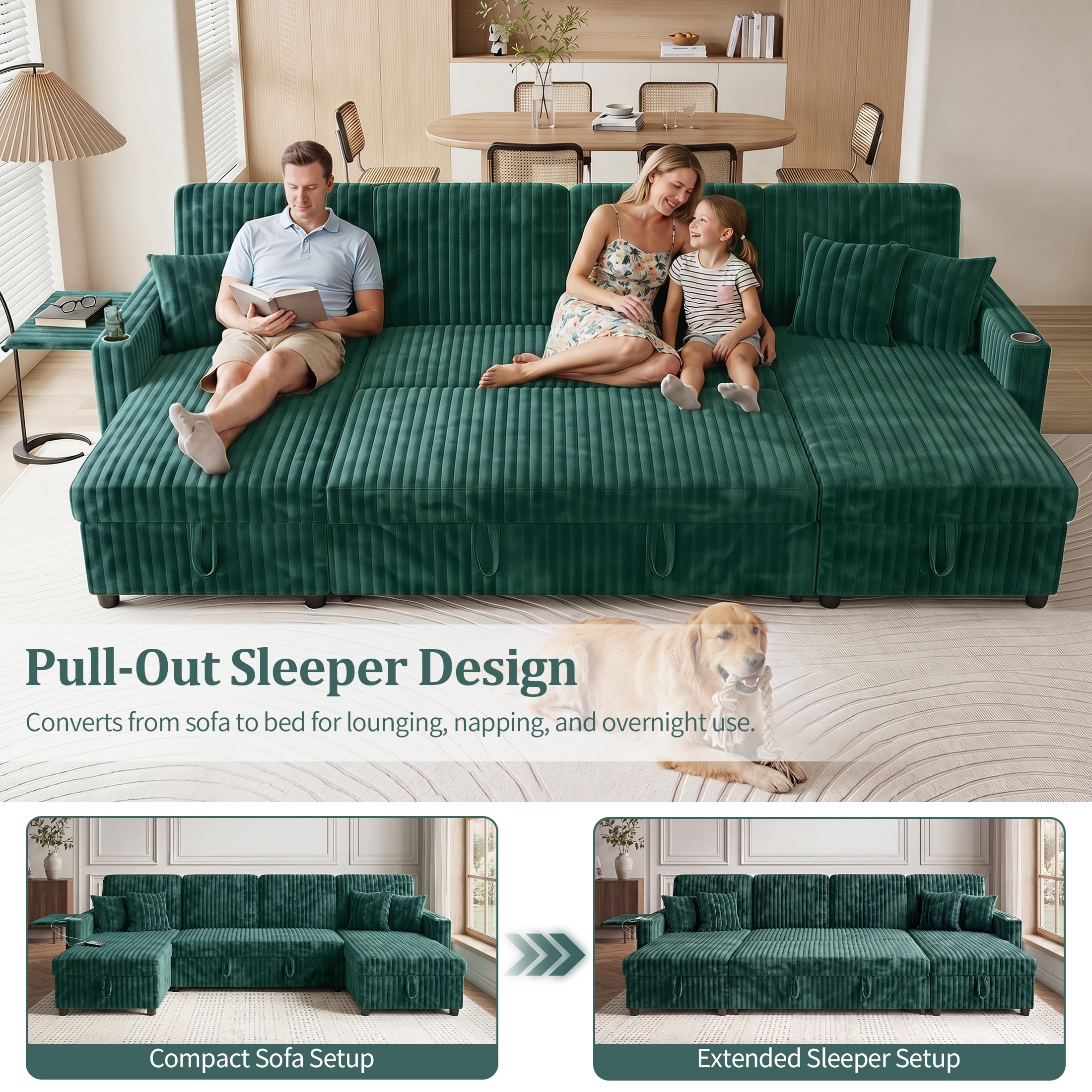 Aenkyo 110" U-Shaped Sleeper Sofa with Pull Out Bed, Storage Chaises and USB, Green
