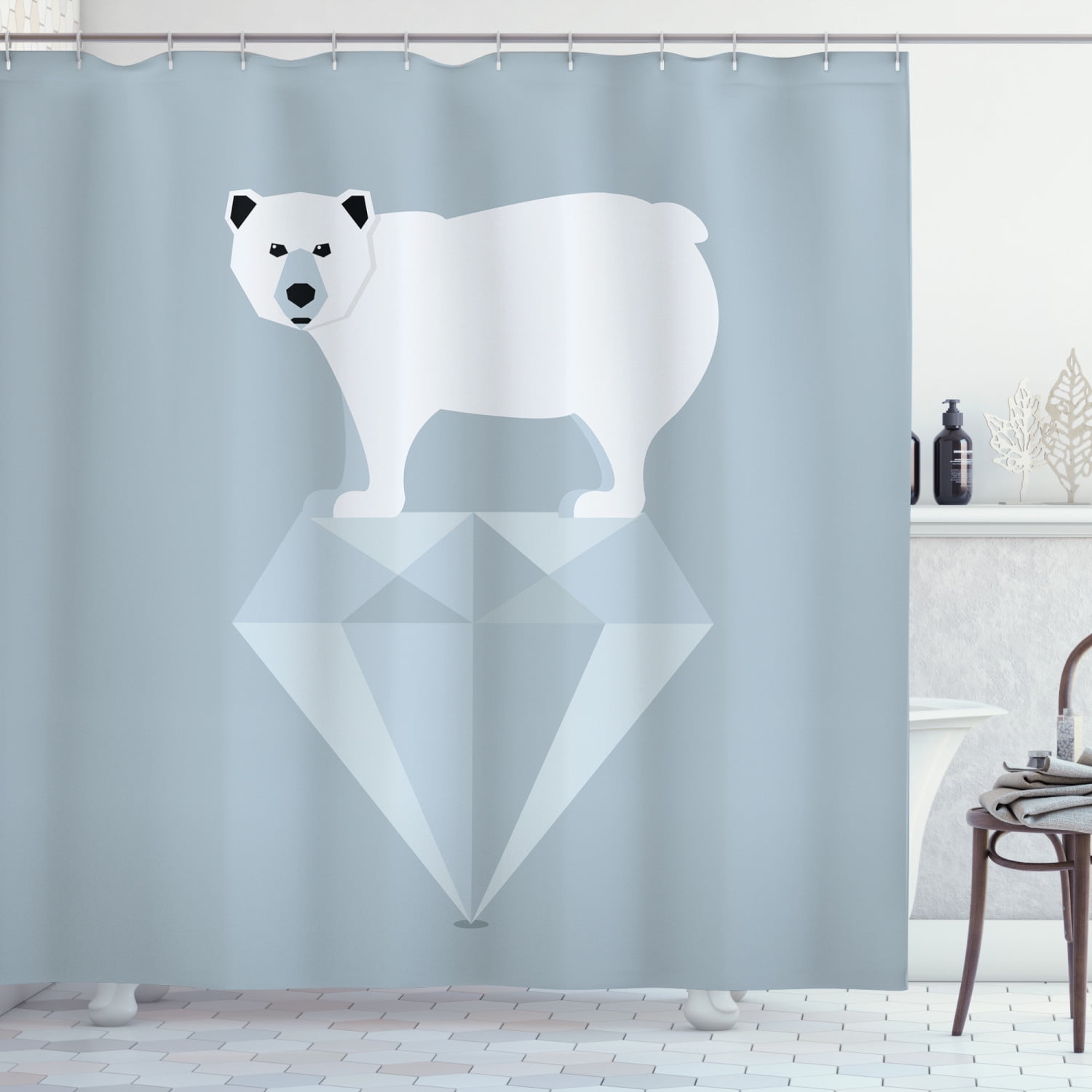Polar Bear Shower Curtain, Bear on Iceberg Futuristic Polygonal