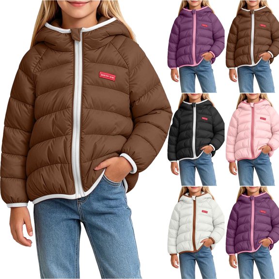 Girls Heavyweight Puffer Jacket Girls Hooded Puffer Jacket Color Block Zip Up Windproof Casual Warm Outerwear Coat for Kids Coffee 3-4 Years