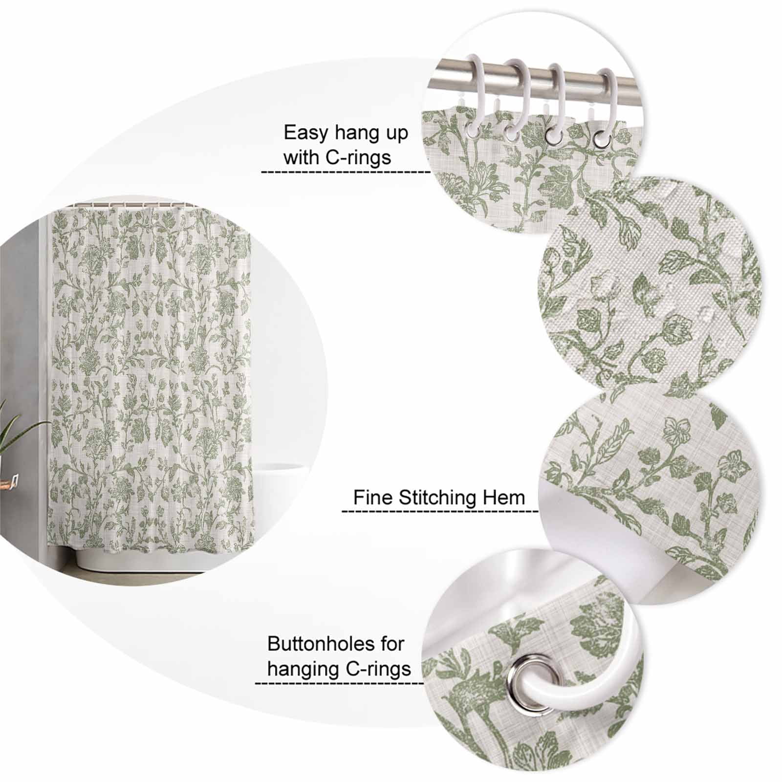 Farmhouse Sage Green Bathroom Curtain 72 Inch Shower Curtain with Hooks, Vintage Flower Leaf Botanical Waterproof Polyester Bath Curtain Washable Bathtub Curtain 72''x 72''