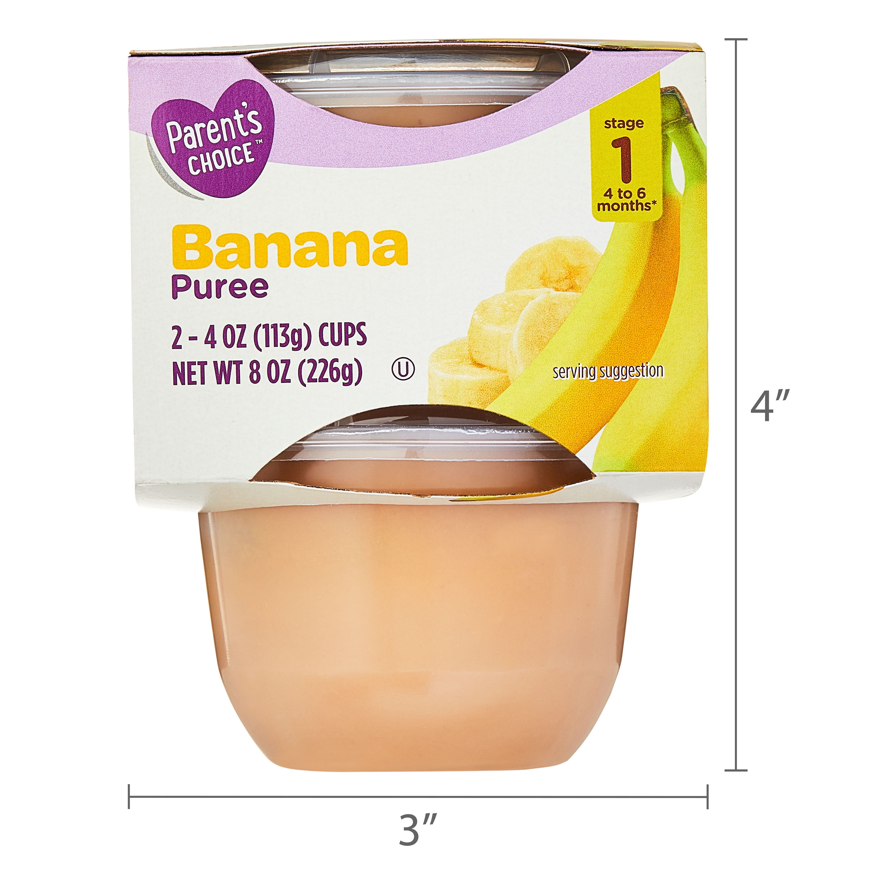 Parent's Choice Stage 1 Baby Food Banana Puree, 4 oz Cups, 2 Pack