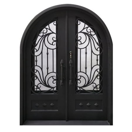 Aleko Round Top Dimensional Panel Iron Prehung Front Entry Door