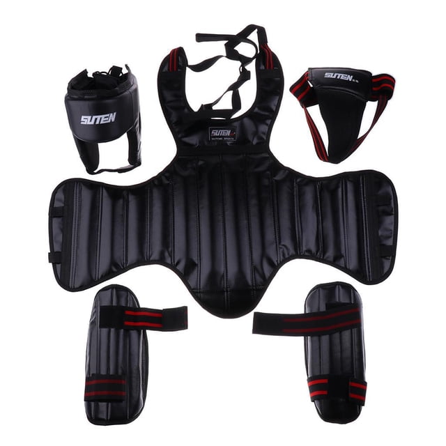 1 Juego De Sombreros De Boxeo + Protector De Babero En El Pecho + Protector De La Ingle + Almohadilla Para La Espinilla: Perfecto Para Sanda, Muay Tha Negro Baoblaze Equipo de protección de boxeo
