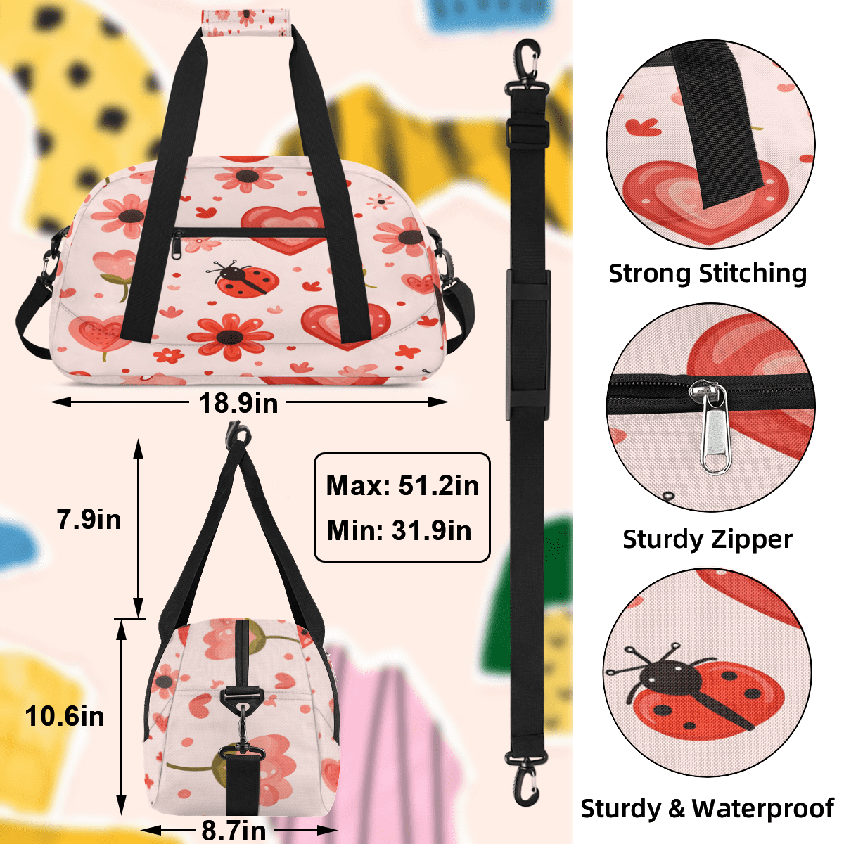 Herdesigns Cute Ladybugs Sports Duffle Bag for Women & Men, Flower Ladybugs Gym Bag Dance Bag Overnight Bag Carry On Weekender Travel Bag