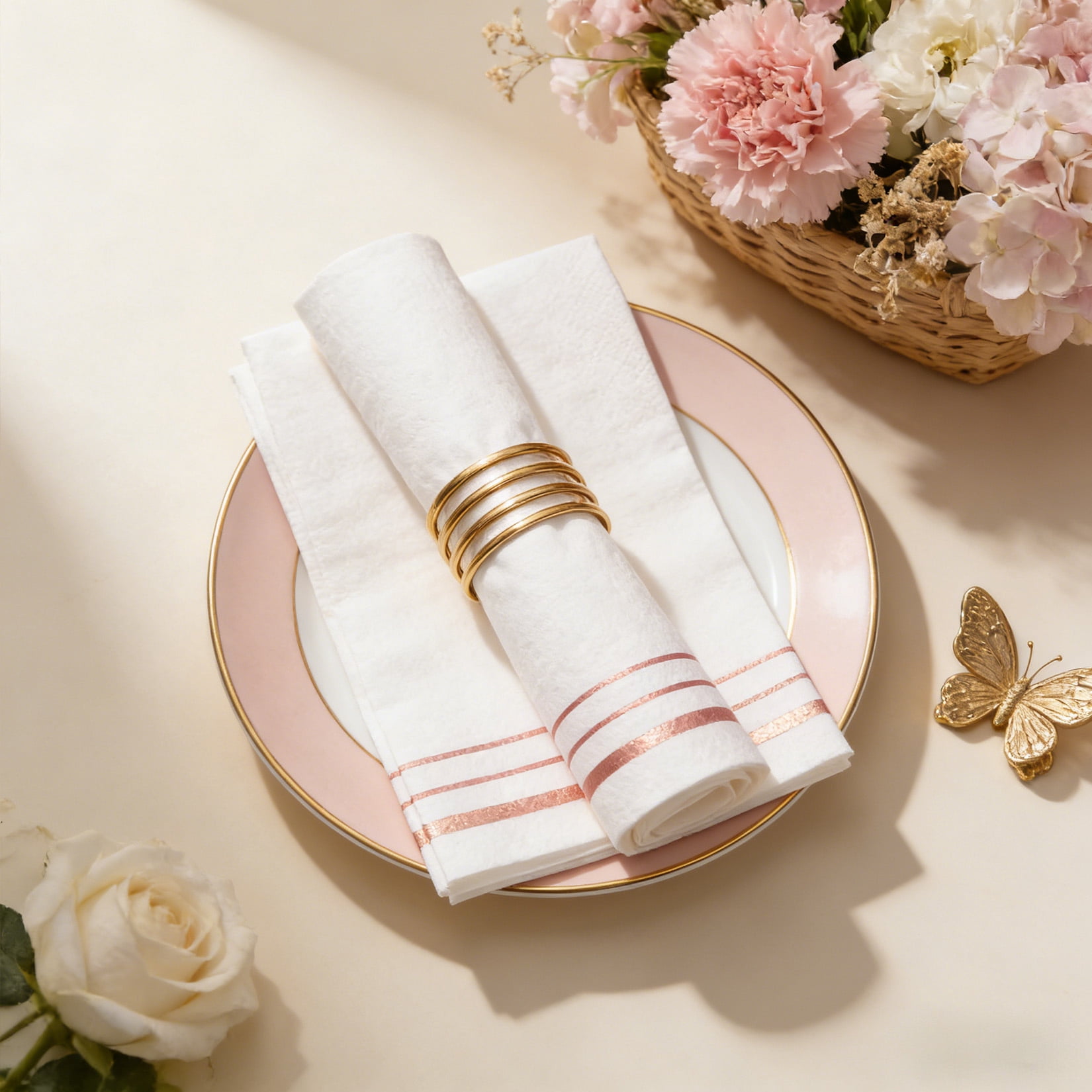 Garvee 300 Pack White and Rose Gold Disposable Paper Napkins, 3-Ply Soft Dinner Napkins with Rose Gold Foil Trim, Absorbent Decorative Guest Towels for Easter Party, Wedding, Birthday, Baby Shower