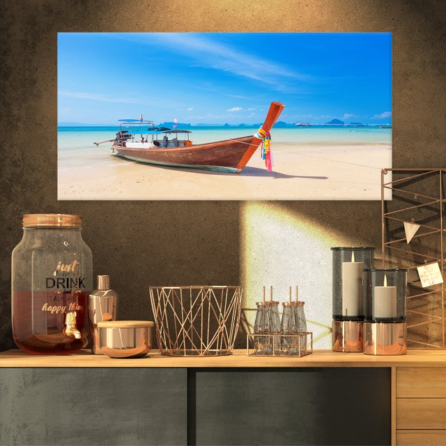 Tropical Beach with Boat - Seashore Photo Canvas Art Print