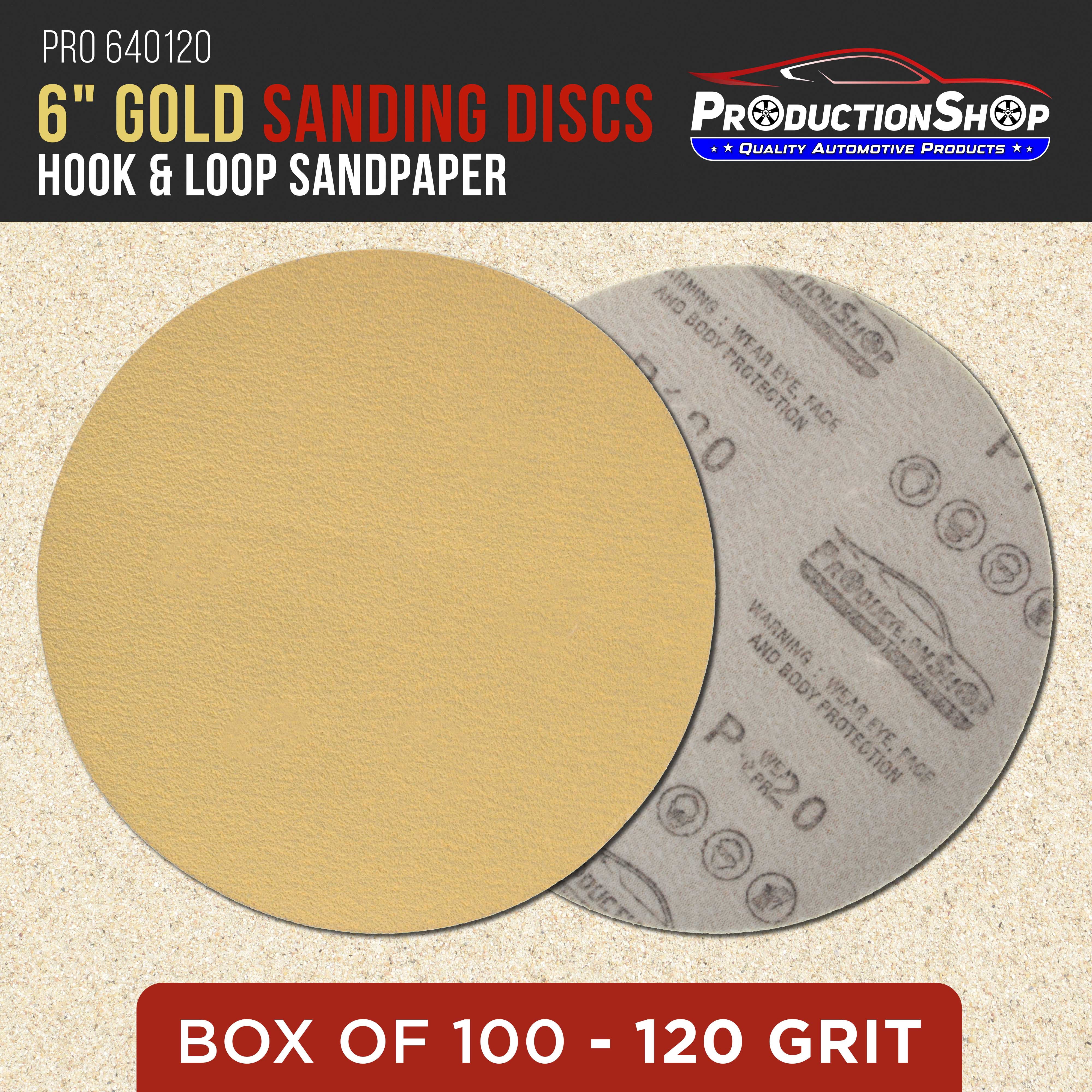 ProductionShop Premium 120 Grit 6" Gold Sanding Discs, Box of 100 - Hook & Loop Backing Abrasive Sandpaper for DA & Random Orbital Sanders - Sand Auto Paint, Metal, Wood, Woodworking Furniture