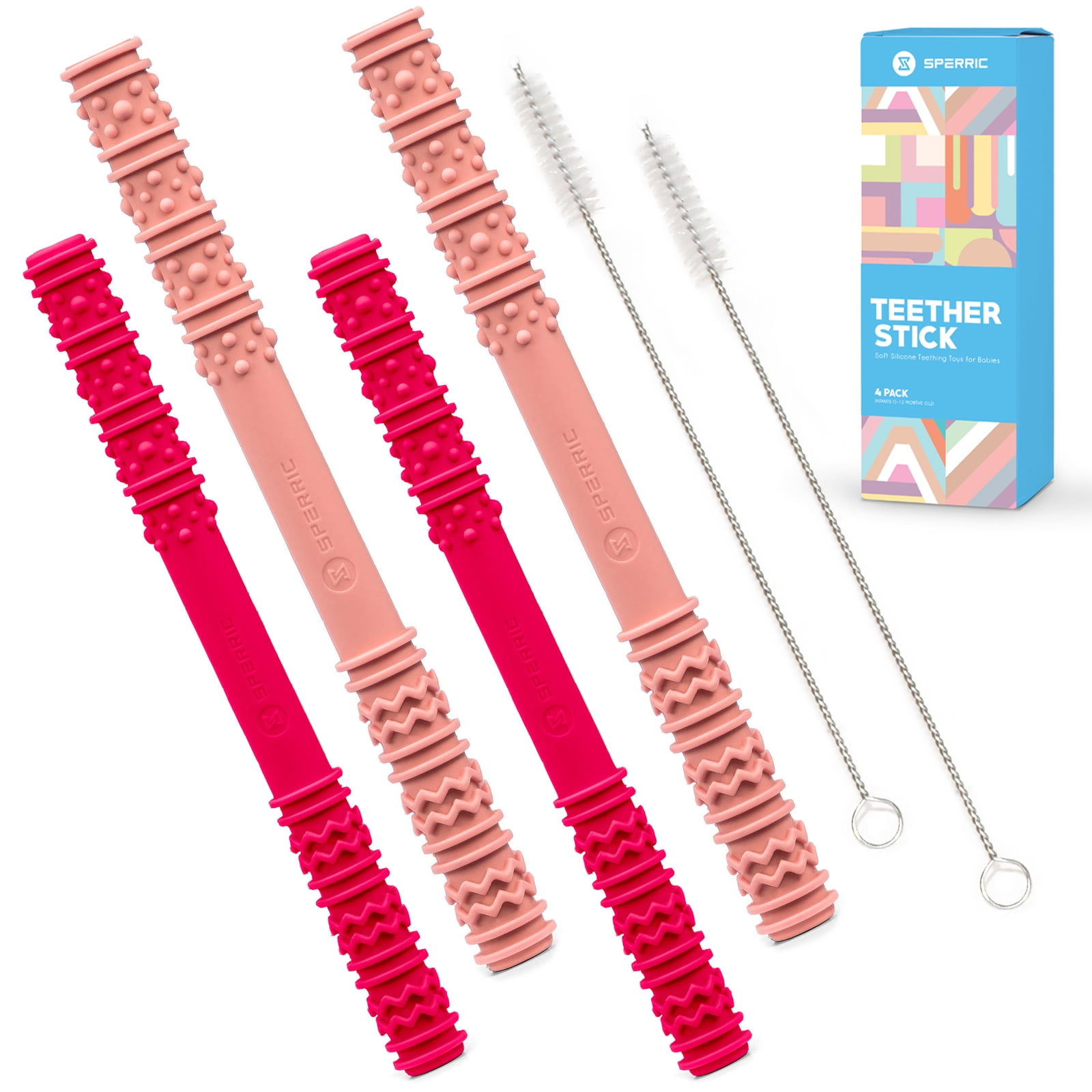 Baby Hollow Teething Tubes - Soft Silicone Teether Toys for Babies Helps Soothe Teething Irritation BPA Free Food Grade Silicone Cleaning Brush's Included, Easy to Clean (Dark & Light Pink)