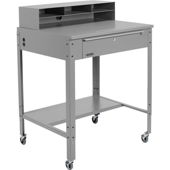 Mobile Shop Desk with Pigeonhole Riser Flat Surface - Gray - 34.5 x 30 x 38 in.