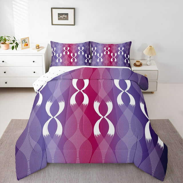 Erosebridal Ensembles de Couette à Lignes Ondulées Géométriques Format Double, Couettes et Duvets à Rayures Rouges et Violettes, Ensemble de Literie à Vagues en Dégradé pour Lit Double, Décoration de Chambre Légère Réversible, 3 Pcs