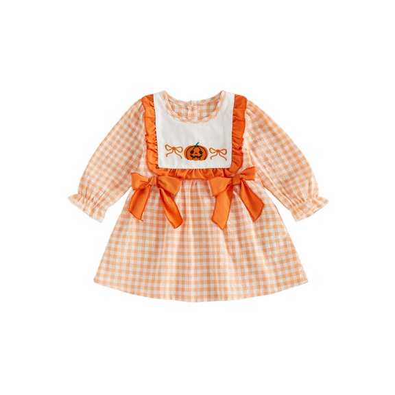 RUINIXCW Toddler Bbay Girl Halloween Dress Outfit Infant Baby Girls Fall Gingham Plaid Dress Pumpkin Ghost Embroidery Puff Long Sleeve Bow Decror A Line Dress