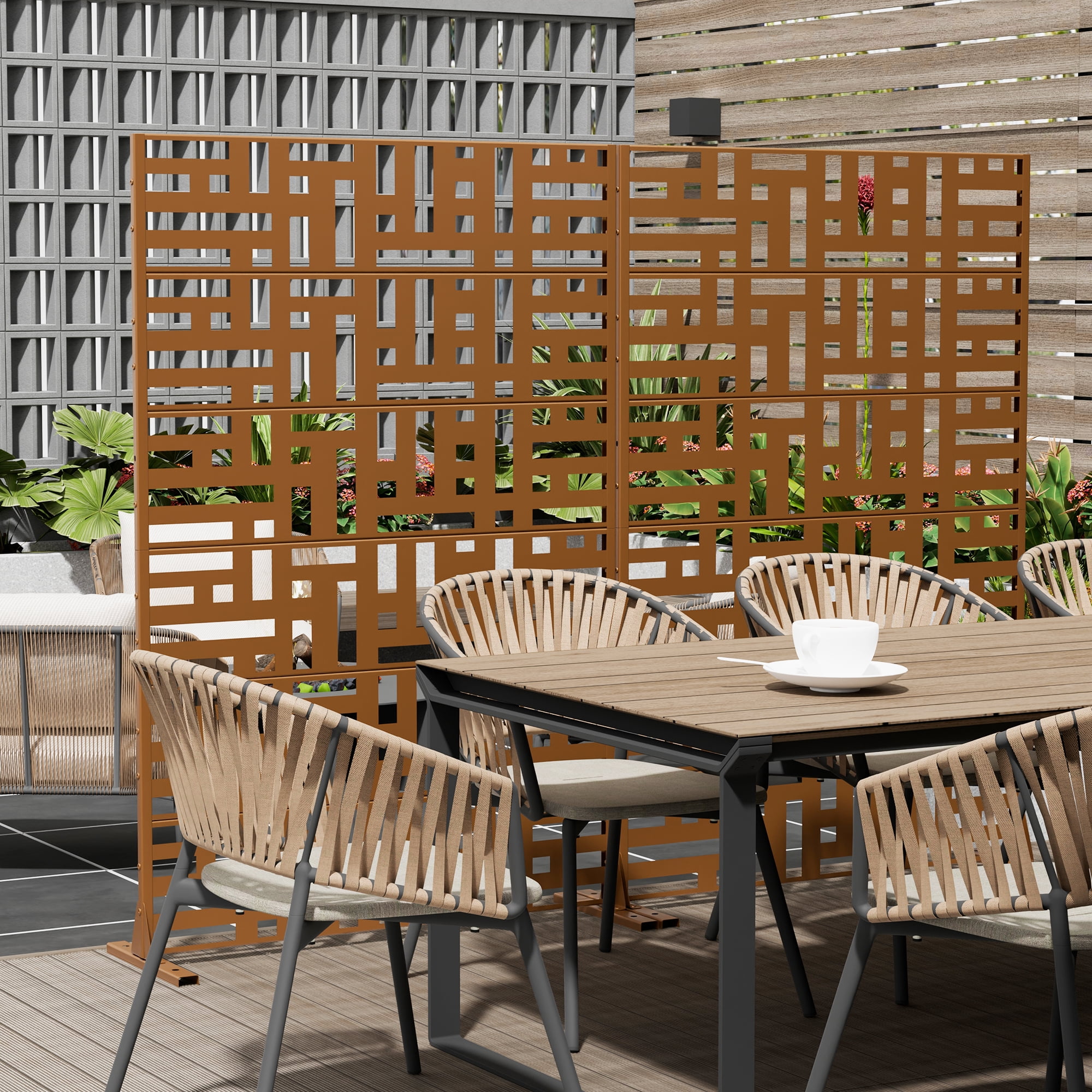 MAYEERTY 72×47" Outdoor Brown Metal Privacy Panel Screen for Backyard & Garden, Geometric Maze Pattern