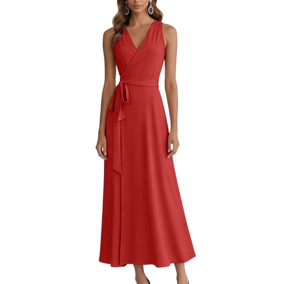 Bbyeadc Party Dresses for Women Wrap Tie Waist Sleeveless V Neck Sundresses Midi Dresses Classic Party Outfits,Red (M)