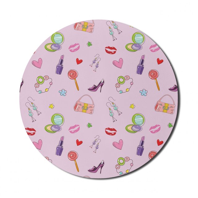 Princess Mouse Pad for Computers, Girls Illustration with Fashion Accessories and Makeup Lollipop Flower Print, Round Non-Slip Thick Rubber Modern Gaming Mousepad, 8" Round, Multicolor, by Ambesonne