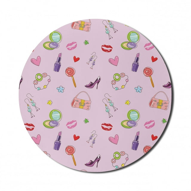 Princess Mouse Pad for Computers, Girls Illustration with Fashion Accessories and Makeup Lollipop Flower Print, Round Non-Slip Thick Rubber Modern Gaming Mousepad, 8" Round, Multicolor, by Ambesonne