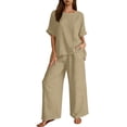 thumbnail image 2 of Costeam Womens Short Sleeve Two Piece Linen Cotton Outfit Solid V Neck Top Drawstring Wide Leg Pants Side Pocket High Waist Loose Casual Matching Set Tracksuit, 2 of 7