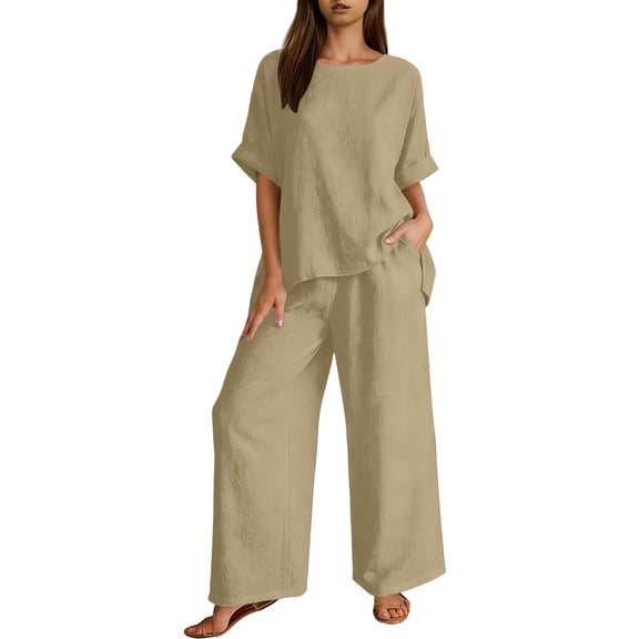 Ecqkame Two Piece Sets for Women Summer Casual Linen Top and Wide Leg Pants Lightweight Vacation Solid Color Outfit Set Khaki S