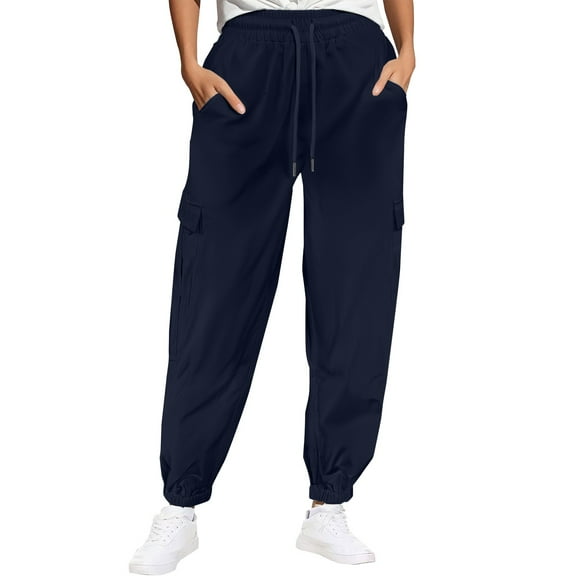 IDALL Cargo Pants Women Sweatpants Women Casual Women's Multi Pocket Drawstring Waist Solid Color Cargo Pants Lounge Pants Women Baggy Pants Dark Blue L