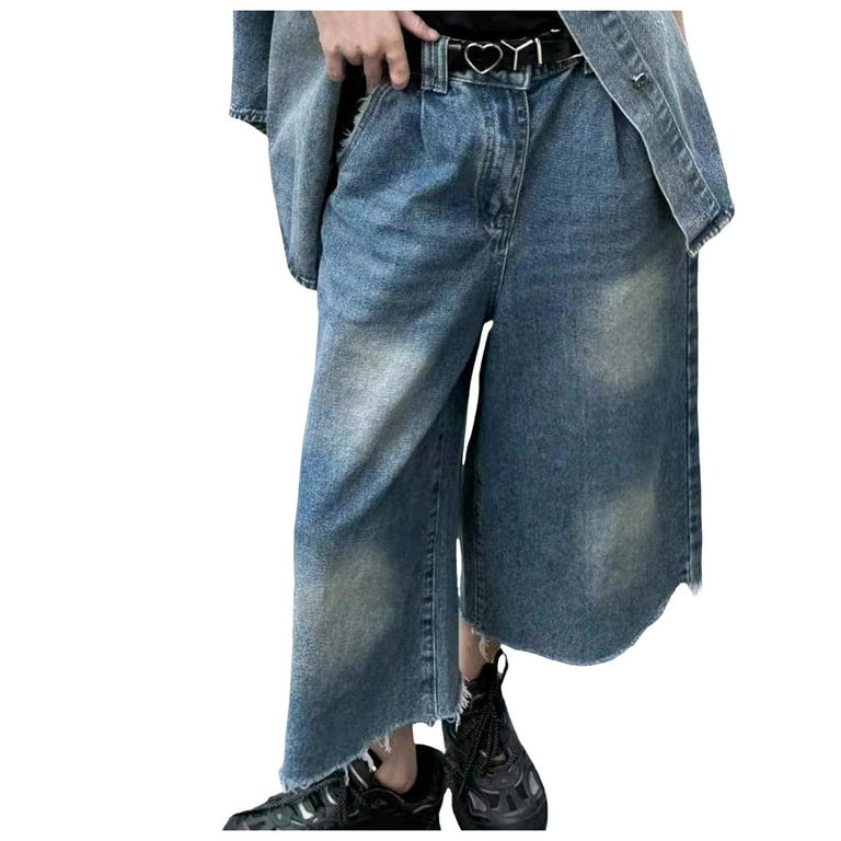 Mens Jean Shorts Baggy Hip Hop Loose Fit Capri Jeans Vintage with