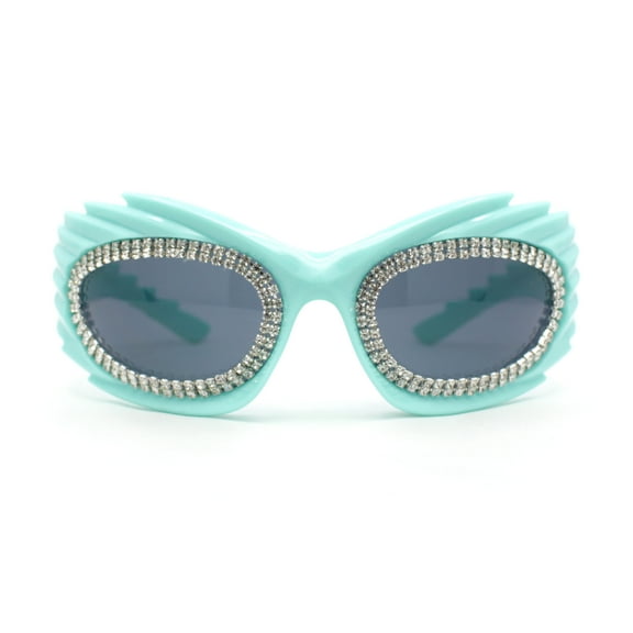 Womens Rhinestone Jewel Lens Trim Sport Wrap Flaming Plastic Sunglasses Blue - Black