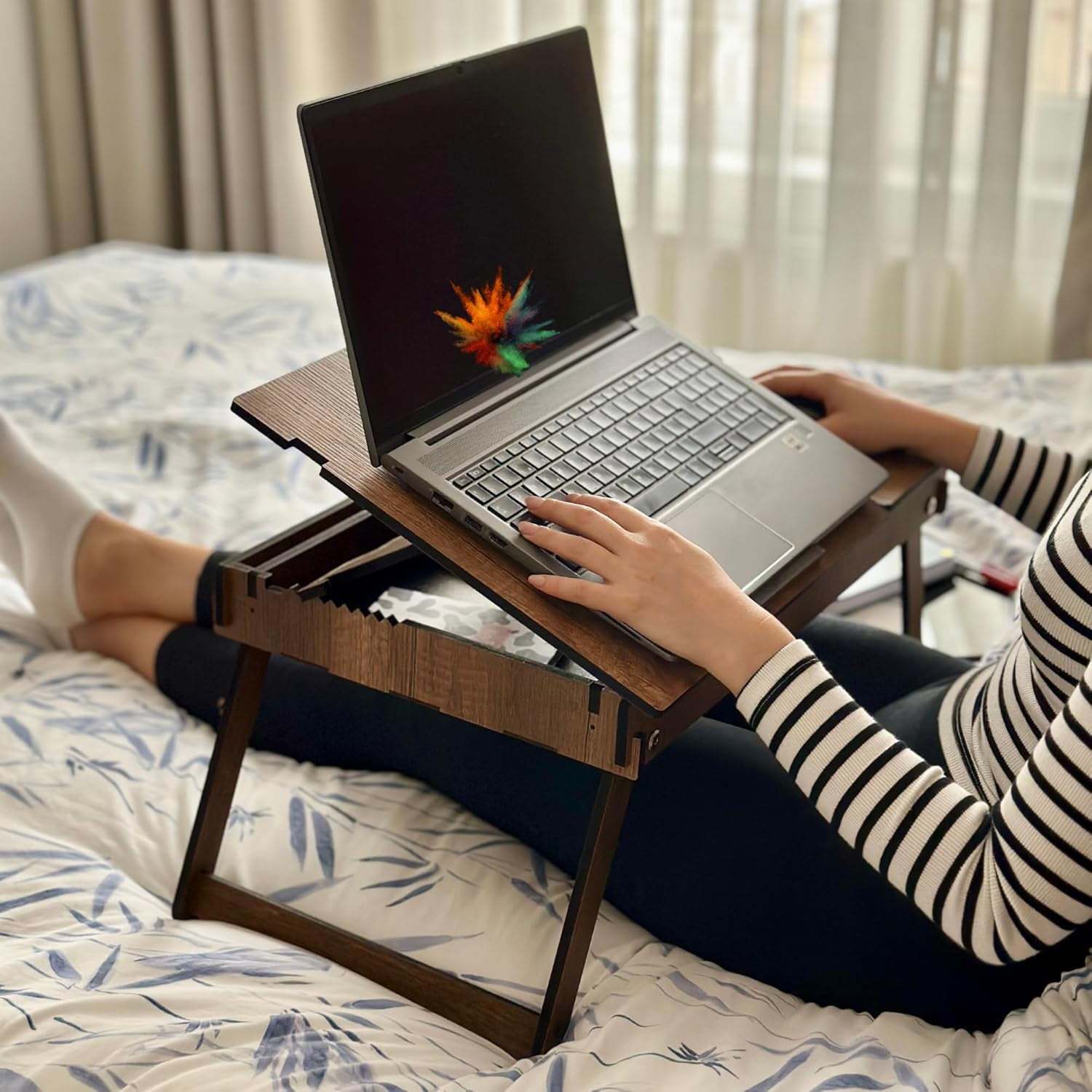Vigo Wood Laptop Stand for Bed, Adjustable Lap Tray with Built-in Storage, Foldable and Ergonomic Design for Reading, Writing, and Working