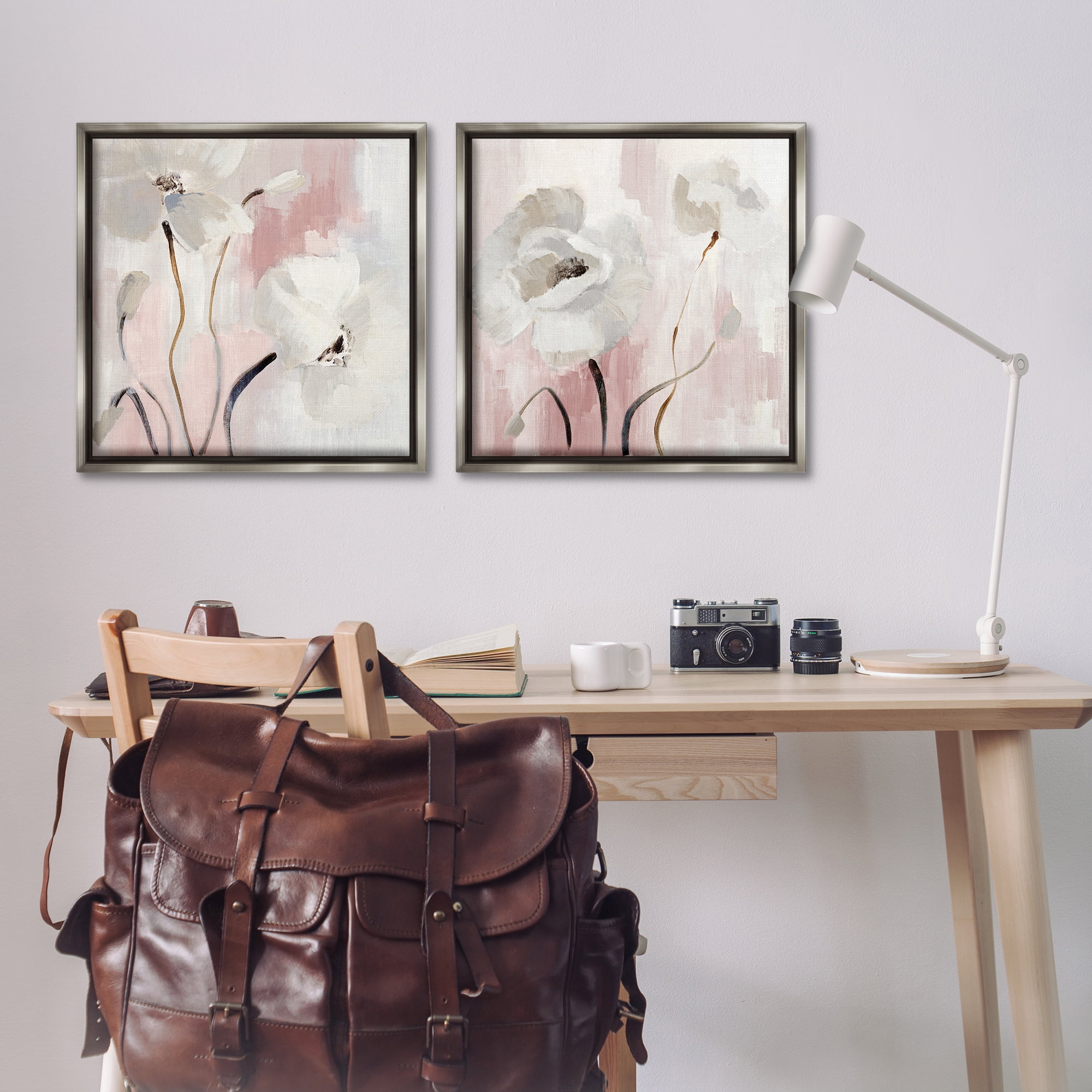 Stupell Industries Abstract White Poppies Plants & Flowers Painting Gray Floater Framed Canvas Art Print Wall Art, 25 x 25, Set of 2