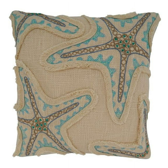 18 x 18 in. Embroidered Starfish Throw Pillow with Down Filling, Natural