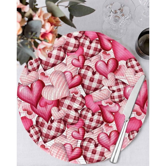15 Inch Round Placemats Set of 6, Valentine's Day Non Slip Heat Insulation PP Table Mats, Pink Romantic Love Checkered Buffalo Washable Place Mats for Kitchen Dining Party Table Decor