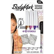 BIC BodyMark Temporary Tattoo Marker with Fine Tip, Mandala, Assorted Colors, Pack of 3 Markers + 3 Stencils