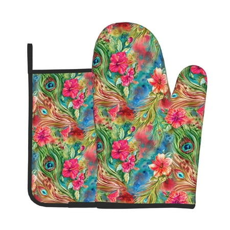 

Xecao Peacock Feathers And Flowers Pattern Oven Mitts and Pot Holders Sets Heat Resistant Silicone Oven Mittens Extra Thicken Long Kitchen Cotton Oven Glove for Cooking