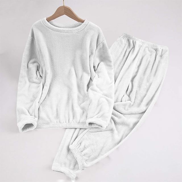 Conjunto de pijama de terciopelo grueso y cálido para mujer, de color liso y holgado, con pantalones de poliéster para invierno.
