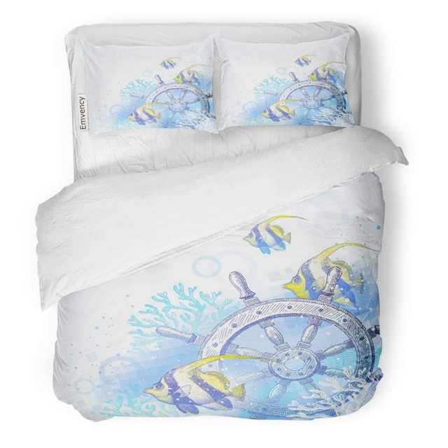 ABPHQTO Juego de ropa de cama de 3 piezas Volante de barco náutico rojo Corales y peces tropicales Aventura Bannerfish Funda nórdica con 2 fundas de almohada
