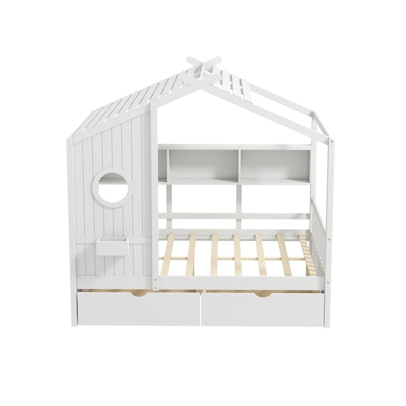 MIKIBAMA Kids House Bed with Drawers and Shelves, Twin Wood Platform Bed Frame