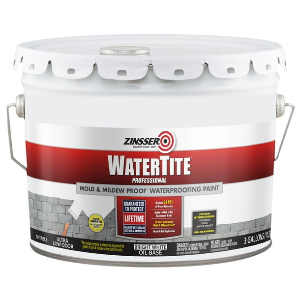 Bright White, Zinsser WaterTite Professional Matte Mold and MildewProof Waterproofing Paint, 3