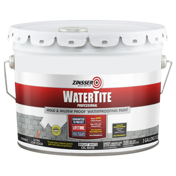 Bright White, Zinsser WaterTite Professional Matte Mold and Mildew-Proof Waterproofing Paint, 3 Gal, 1 Pack