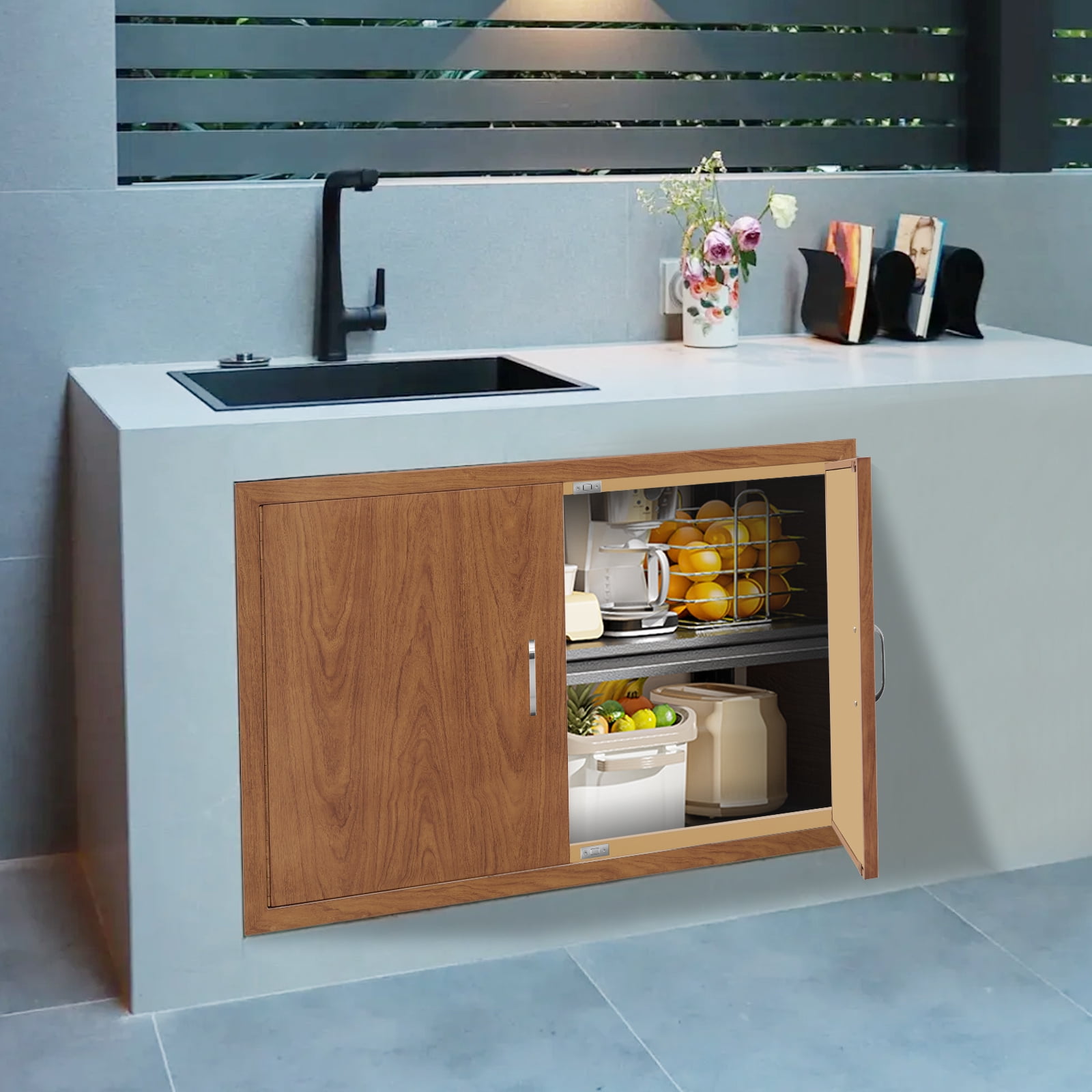 GARITIN Outdoor Kitchen Door, Stainless Steel Cabinet Door with Wood Grain Finish, Water Resistant & Insect Resistant Double Door for Outdoor Kitchen Storage, Wood
