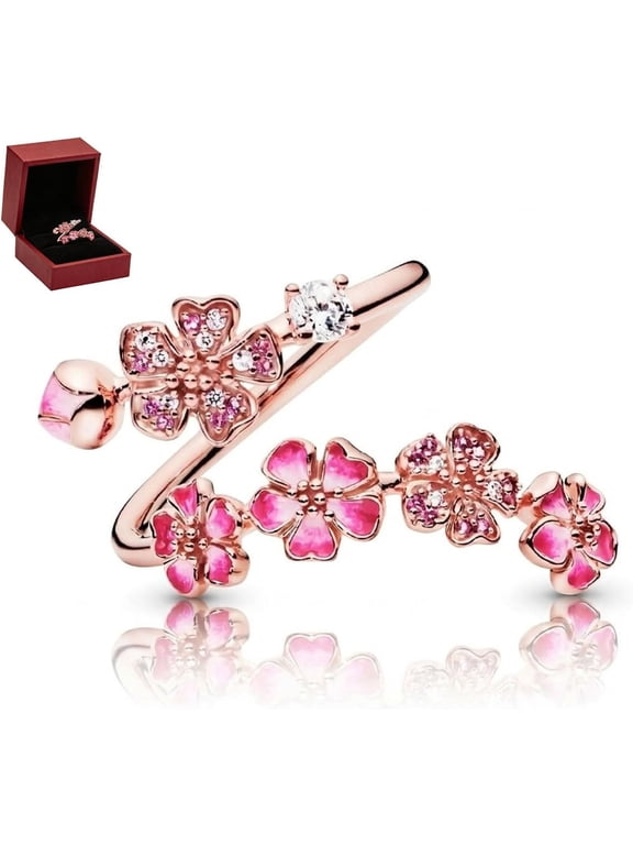 Peach Blossom Ring, Peach Blossom Ring Pink Flower Ring, Cherry Blossom Floral Ring Adjustable Open Band Crystal Fashion Ring for Women