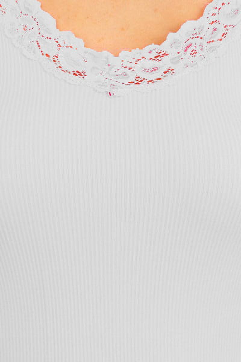 Seamless V-neck Camisole Racer Back Tank with Lace Trim, White
