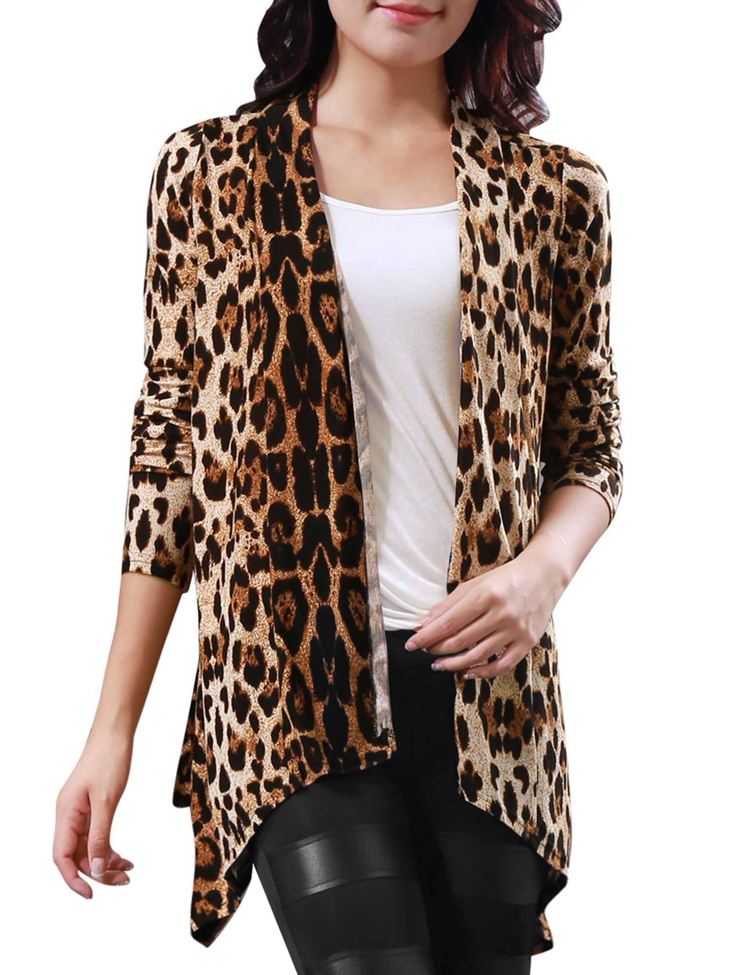Women's Leopard Pattern Buttonless Long Sleeve Cardigan Brown (Size M ...