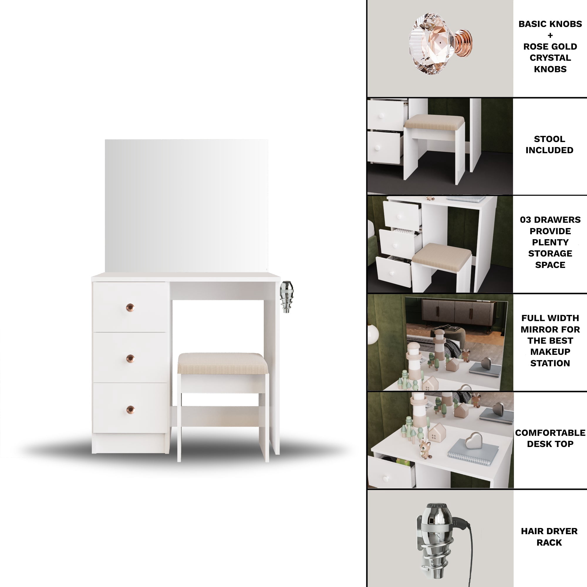 Ember Interiors Small Kids Vanity Makeup Desk Set with Chair, Drawers,Mirror,Rose Gold Crystal Knobs, White