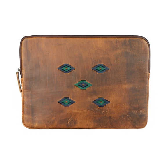 15" Premium Full-Grain Distressed Leather Embroidered Laptop Protective Sleeve 18BT41