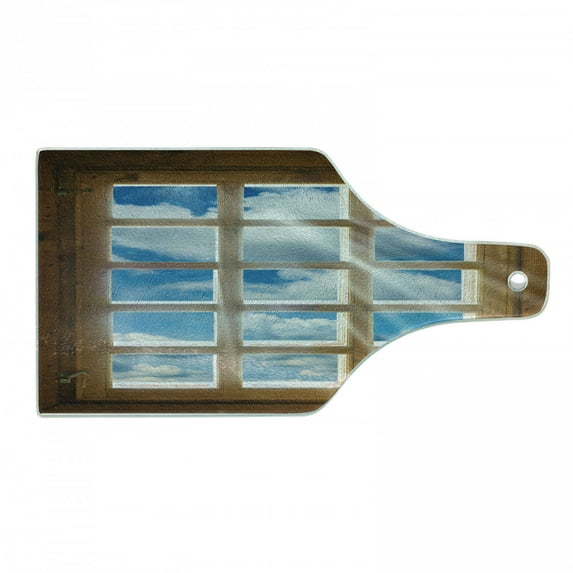 Rustic Cutting Board, Wooden Window with Beaming Sun Scenic View of Sky and Cloudscape Print, Tempered Glass Cutting and Serving Board, Wine Bottle Shape, Pale Brown Blue White, by Ambesonne