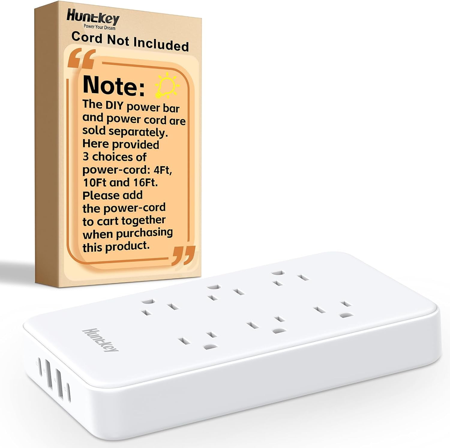 RGHJAR-Innovative Power Strip, Cord Removable Design, 6 Outlets Surge Protector with 4 USB Ports (2 USB-C, 2 USB-A), ETL Listed, Customize Cord Length