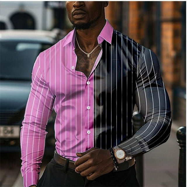 Chemise Décontractée pour Homme, Ligne 3D Imprimée, Formelle Été Printemps Automne, Col à Revers, Manches Longues, P-5TG, Livraison Rapide 2024